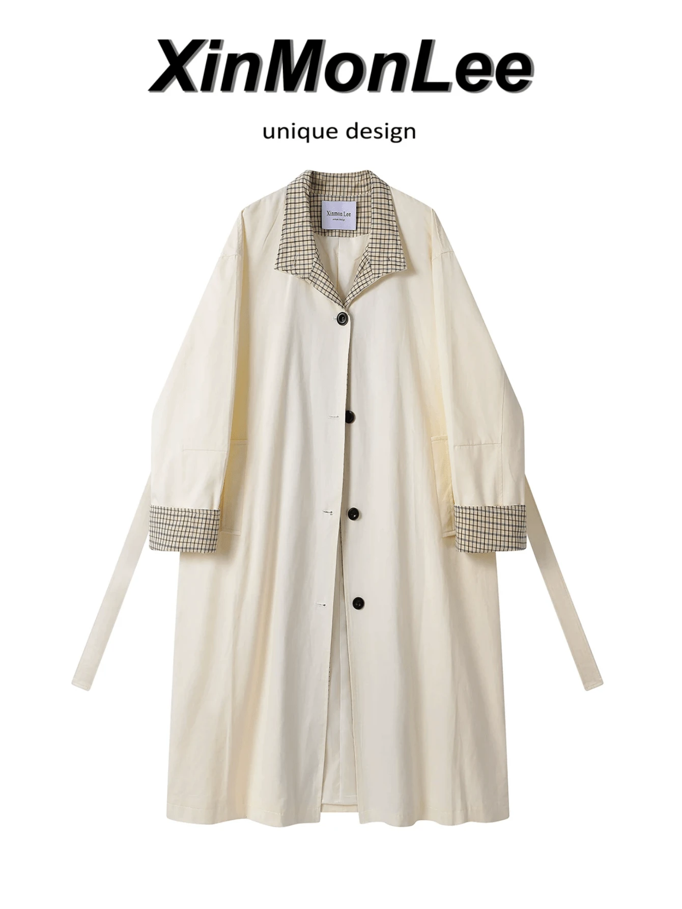 Premium Navy Plaid Patchwork Long Trench Coat Jacket With Pockets, Long Sleeves, For Evening Date, College, Daily Wear, Spring And Autumn - White - View 1