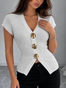 Apperloth A Elegant Ribbed Knit Sweaters Cardigan V Neck Asymmetrical Button Front Short Sleeve Fitted Crop Top For Women Fall Daily Fashion Thanksgiving Outfit - Silver White - View 5