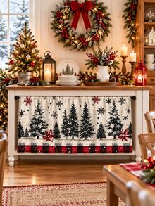 1pc Vintage Country Christmas Kitchen Curtain Set, Distressed Snowy Pine Tree & Poinsettia Snowflake Print Window Valance And Sink Curtain, Winter Kitchen Window Decor - Multicolor - View 2