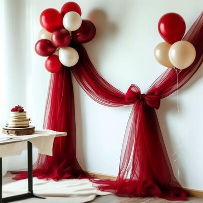 1pc Rose Red Tulle Backdrop, Holiday Party Background, Polyester Transparent Fabric Suitable For Wedding Party, Stage Decoration, Bridal Shower, Anniversary Party, Birthday Party, Valentine's Day Party, Halloween Party, Christmas Decoration, New Year Decoration