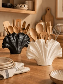 1pc Wabi-Sabi Style Ginkgo Leaf Tableware Storage Rack, Black Spotted White Multi-Compartment Utensil Holder, Large Capacity Chopsticks Spoon Fork Storage Bucket, Rustic Farmhouse Kitchen Countertop Decor Gift - Ins-style Tableware Organizer - View 4