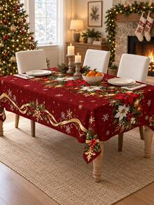 1pc Rectangular, Round, Oval Red & Gold Christmas Tablecloth, Red & White Poinsettia, Decorative Ball & Snowflake Print, Ribbon Border Design, Suitable For Dining Room, Kitchen & Holiday Party Decoration - A - View 13