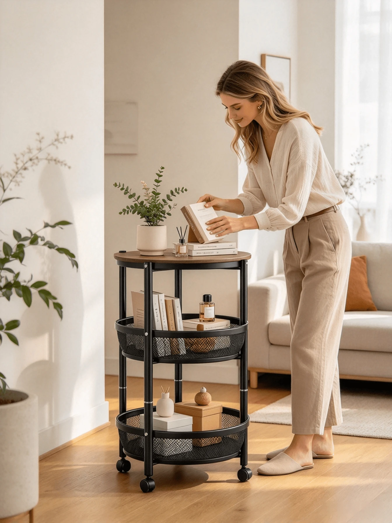 3 Tier Round Rolling Storage Cart, Universal Wheels, Mesh Baskets, Wooden Top, Easy Assemble, Multi-Scene Storage For Kitchen Bathroom Living Room - Multicolor - View 1