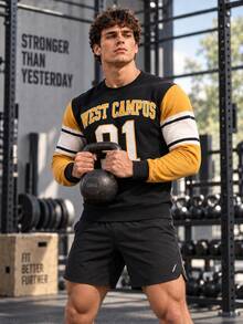 Men's Colorblock Raglan Sleeve Crew Neck Sweatshirt, WEST CAMPUS 91 Number & Letter Print Long Sleeve Collegiate Style Pullover - Multicolor - View 1