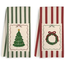 2Pcs Christmas Kitchen Towels, Striped Border Christmas Tree & Wreath Print, Xmas Kitchen Decor, Winter Holiday Table Ornament, Farmhouse Christmas Home Decoration Gift - Green - View 10