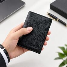 2pcs Men's Genuine Leather Wallet & Keychain Set, Textured Bifold Wallet, Minimalist Business Accessories, Christmas Birthday Gift For Dad Husband - Black - View 2