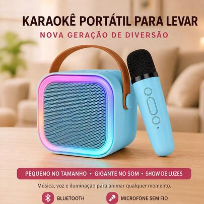 Caixa de som Bluetooth K12, com 1 microfones sem fio, luzes LED RGB, alça de couro, máquina de karaokê portátil recarregável. Ideal para casa, festas, Natal, Ano Novo, Dia das Mães e como presente. Cor enviada aleatoriamente.