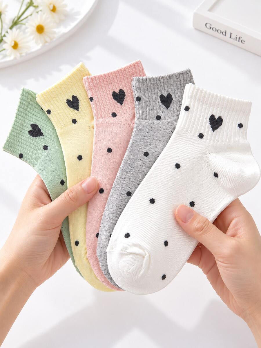 5 Pairs Women's 5-Color Heart & Polka Dot Short Socks, Sweet Versatile Casual Spring/Autumn Socks - Multicolor - View 1