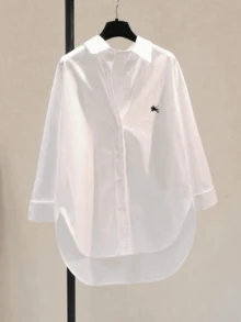 Fashion Plus Size White Woven Shirt With Embroidered Collar, Dropped Shoulder Design And Asymmetrical Hem, Preppy Style Dropped Shoulder Shirt, Regular Length Embroidered Design, Woven Fabric For Casual Look - White - View 1
