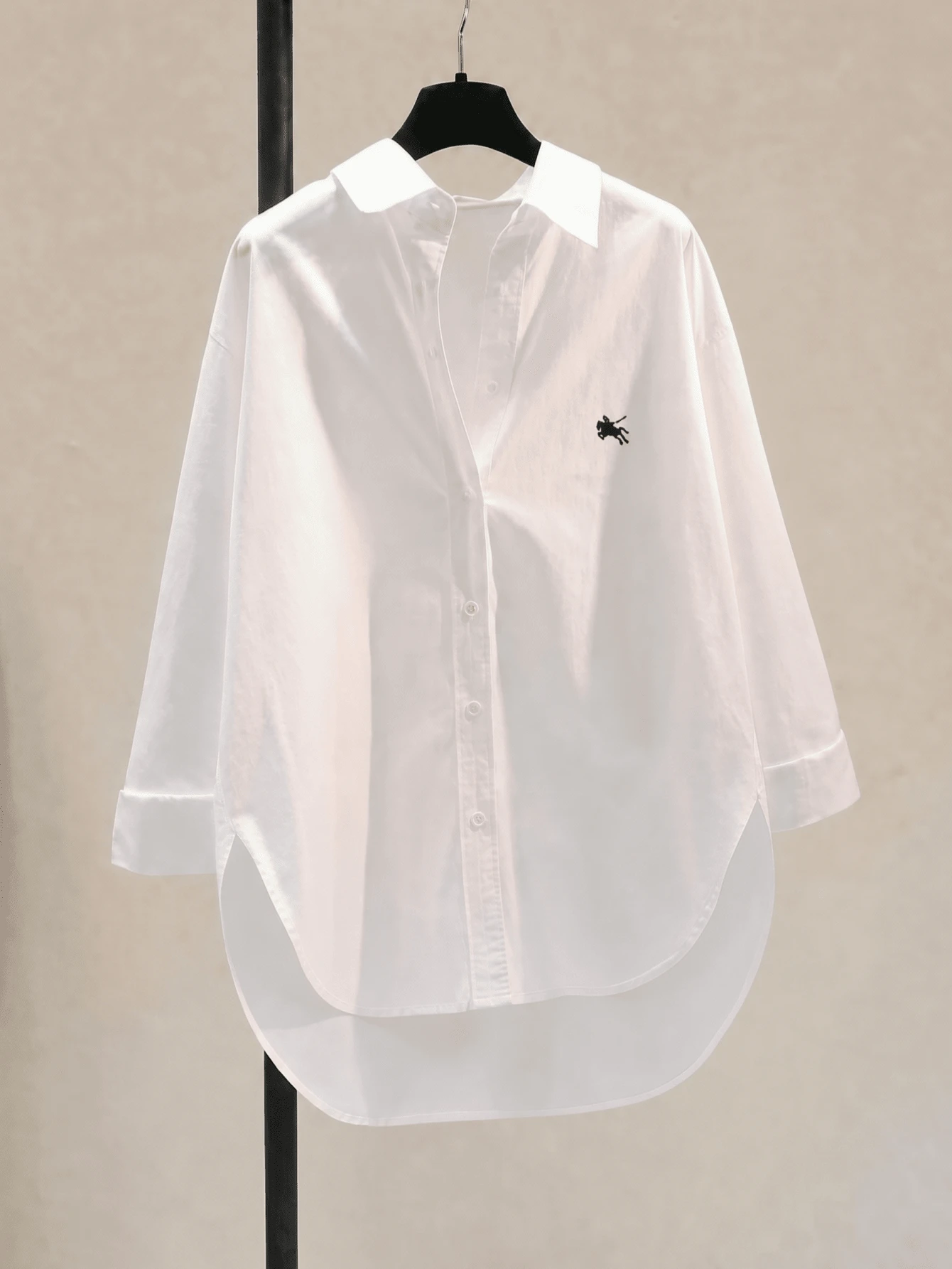Fashion Plus Size White Woven Shirt With Embroidered Collar, Dropped Shoulder Design And Asymmetrical Hem, Preppy Style Dropped Shoulder Shirt, Regular Length Embroidered Design, Woven Fabric For Casual Look - White - View 1