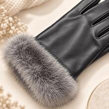 1 Pair Women's 2-Color Leather-Texture Full-Finger Gloves, Soft Faux Fur Cuff Design, Elegant Autumn/Winter Fashion Accessory, Suitable For Commuting, Driving And Daily Wear - Multicolor - View 4