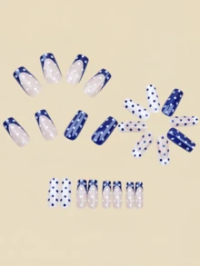 24片深藍色與白色對比波點假指甲，混色圓形圖案美甲，適合女性日常與派對穿著 - 藍白色 - 查看 4