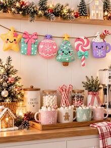 Christmas Felt Bunting Banner, 6pcs Set Star Gift Hanging Decor, Christmas Tree Candy Cane, Hot Cocoa Mug Pendant, Cute Macaron Color Christmas Triangle Flag, Suitable For Fireplace Mantel Wall Window Holiday Party Home Decor - A - View 2