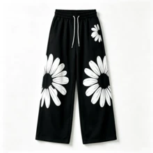 Celana Jogging Motif Bunga Daisy Putih di Seluruh Permukaan, Tali Serut, Pinggang Elastis, Potongan Lebar, Celana Panjang Kasual Nyaman Gaya Streetwear - Hitam - View 3