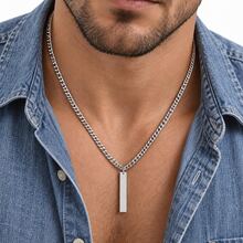 1pc Fashion Rectangle Pendant Golden/Silvery Stainless Steel Chain Necklace For Men - Rectangular Plaque - View 1