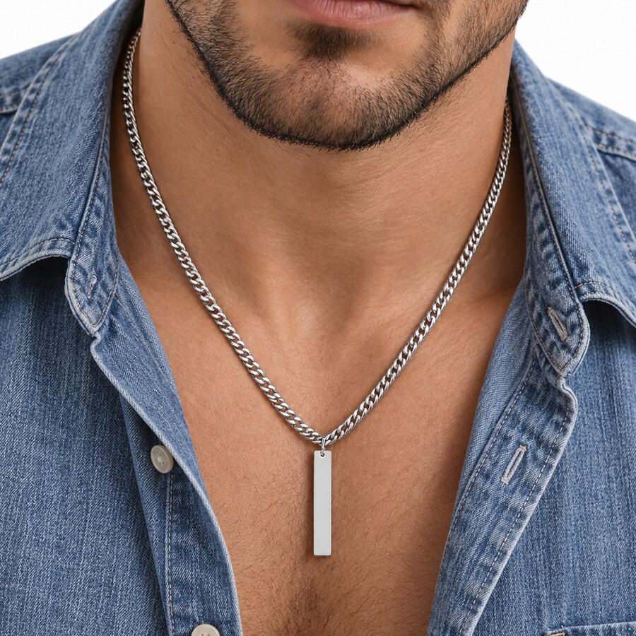1pc Fashion Rectangle Pendant Golden/Silvery Stainless Steel Chain Necklace For Men - Rectangular Plaque - View 1