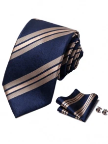 A Set Of Blue Tie, Pocket Square, And Cufflinks Set For Men, Striped Tie 8 Cm, Suitable For Holidays, Weddings, And Work - Navy Blue - View 2
