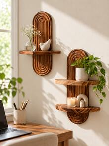 1pc Wall Mounted Shelf Arch Display Shelf Brown Floating Storage Rack Boho Minimalist Home Decor Organizer For Living Room Bedroom Entryway Office Plant Candle Photo Decoration Space Saving Wall Hanging Shelf - Wood Color - View 5