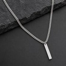 1pc Fashion Rectangle Pendant Golden/Silvery Stainless Steel Chain Necklace For Men - Rectangular Plaque - View 3