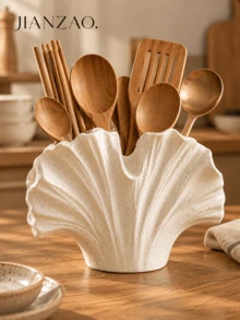 1pc Wabi-Sabi Style Ginkgo Leaf Tableware Storage Rack, Black Spotted White Multi-Compartment Utensil Holder, Large Capacity Chopsticks Spoon Fork Storage Bucket, Rustic Farmhouse Kitchen Countertop Decor Gift - Ins-style Tableware Organizer - View 8