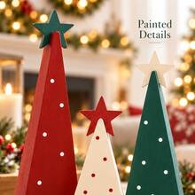 Wooden Christmas Tree Tabletop Decor Set, Polka Dot Triangle Tree Figurines With Star Topper, Freestanding Rustic Wood Christmas Ornaments For Mantel Shelf Table Holiday Decoration - View 3