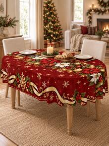 1pc Rectangular, Round, Oval Red & Gold Christmas Tablecloth, Red & White Poinsettia, Decorative Ball & Snowflake Print, Ribbon Border Design, Suitable For Dining Room, Kitchen & Holiday Party Decoration - A - View 19