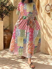 Bohemian Vacation Casual Patchwork Floral Print Loose Dress Women Spring Summer Holiday Wear Print Pattern Pocket Design Print Patchwork Elegant - Multicolor - View 2