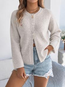 Women's Casual Round Neck Plus Size Cardigan, Long Sleeve Knit Top, Autumn/Winter Essential - White - View 6