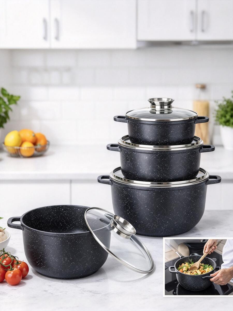 6Pcs Non-Stick Deep Stock Pot Set With Glass Lids, Black Speckled Marble Coating Cooking Pot, Double Handle Soup Stew Pot,Durable,Easy To Clean,Kitchen Cookware, Induction Compatible Cookware Set For Home Kitchen, Gas & Electric Stove - View 1