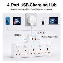 1pc T-Shaped UK Plug Wall Socket Extender, 5 UK 3-Pin Outlets With Individual Switches, 2 USB-A & 2 USB-C Ports, Surge Protection 2500W Max, 10A Fused Plug For Home & Office - UK Plug(220-240V) - View 5
