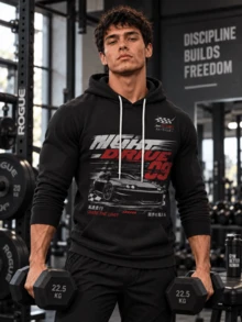 Men's Y2K Racing Graphic Sweatshirt, Streetwear Car Print Pullover Sweatshirt, Casual Urban Long Sleeve Hooded Top With Kangaroo Pocket - Black - View 1