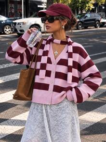 Áo cardigan len nữ cổ chữ V kẻ sọc hồng nâu, tay dài, chi tiết dệt gân, kèm khăn quàng, co giãn vừa, kiểu chui đầu - Nâu hồng - Xem 2