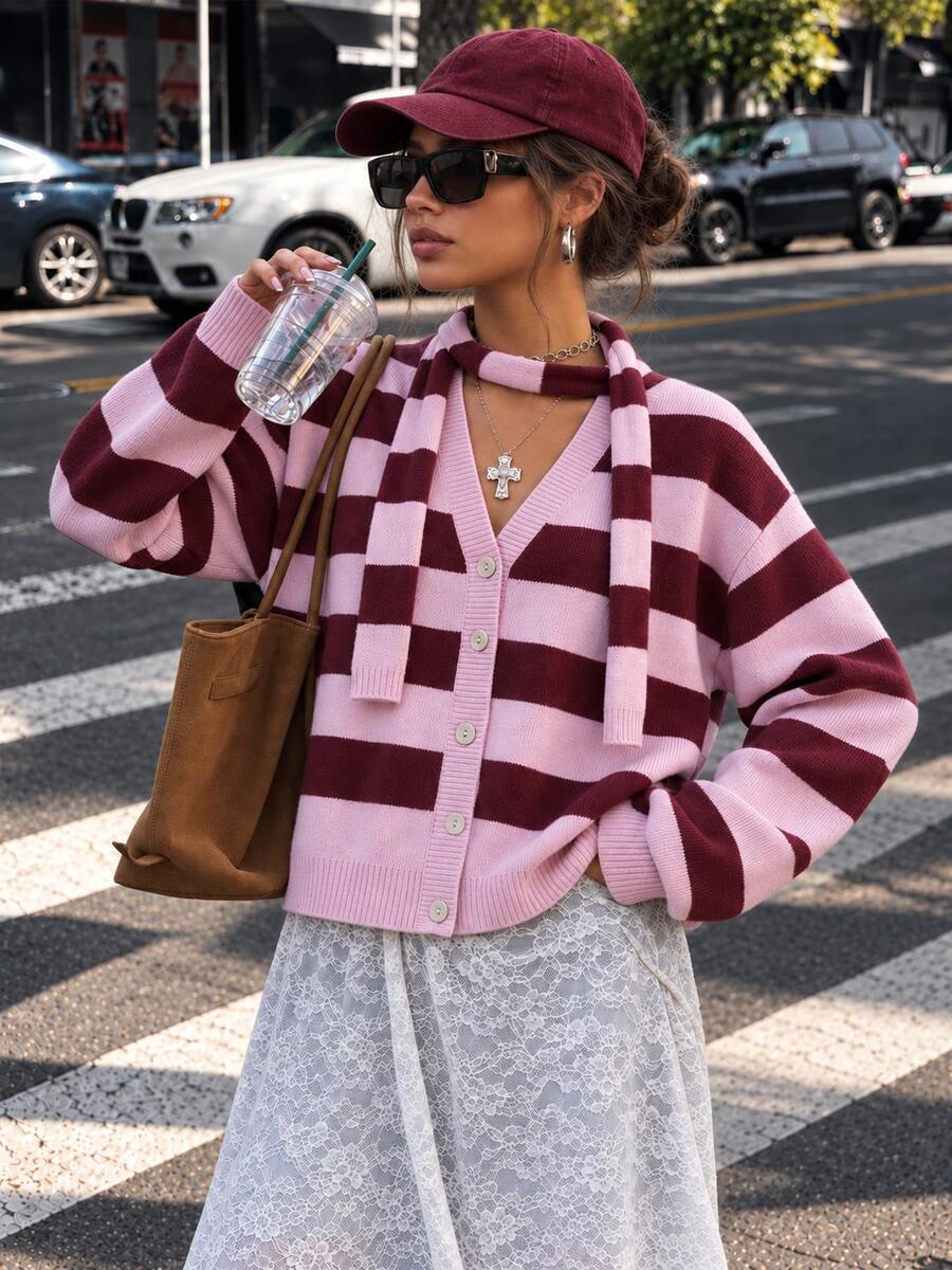 Women's Pink And Brown Striped V-Neck Cardigan Sweater, Long Sleeve, Ribbed Knit Detail, With Scarf, Medium Stretch Pullover - Pink Brown - View 1