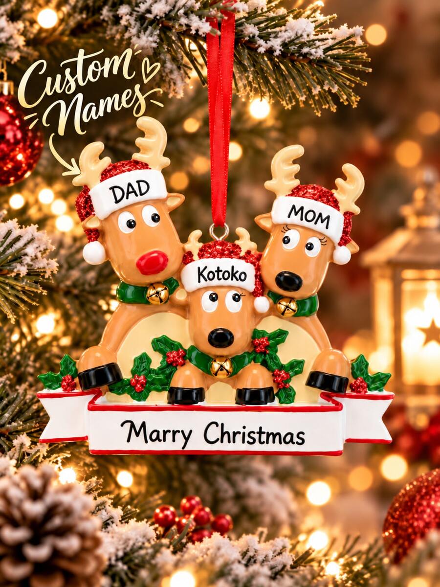 Personalized Reindeer Family Christmas Ornament, Customizable 2-8 Names Family Ornament, Christmas Tree Decoration, Personalized Holiday Keepsake Gift, Family Christmas Decor - Multicolor - View 1