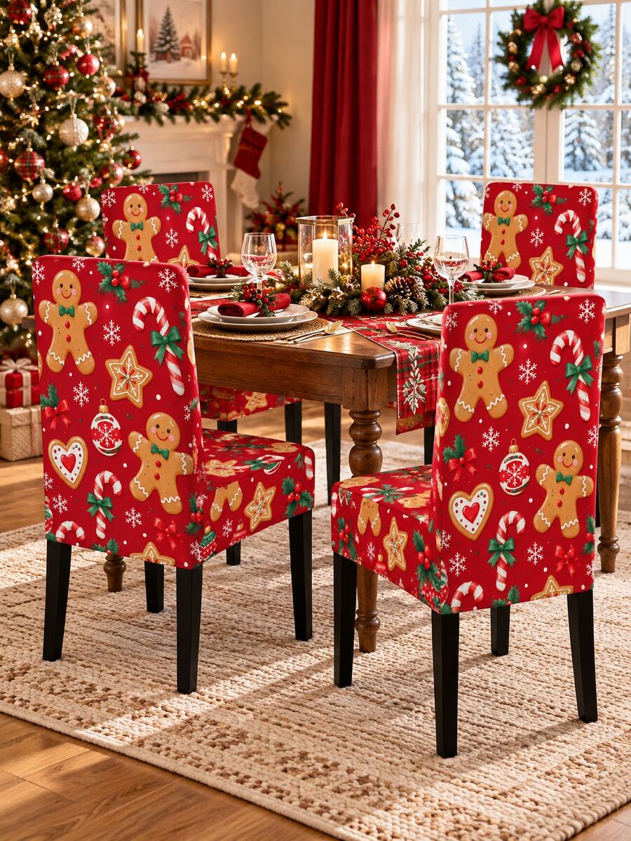 Christmas Dining Chair Cover Set, Red Gingerbread Man, Candy Cane, Cookie, Snowflake Print, For Dining Room, Kitchen, Christmas Party, Home Decor - Red - View 1