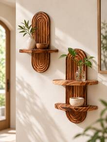 1pc Wall Mounted Shelf Arch Display Shelf Brown Floating Storage Rack Boho Minimalist Home Decor Organizer For Living Room Bedroom Entryway Office Plant Candle Photo Decoration Space Saving Wall Hanging Shelf - Wood Color - View 6