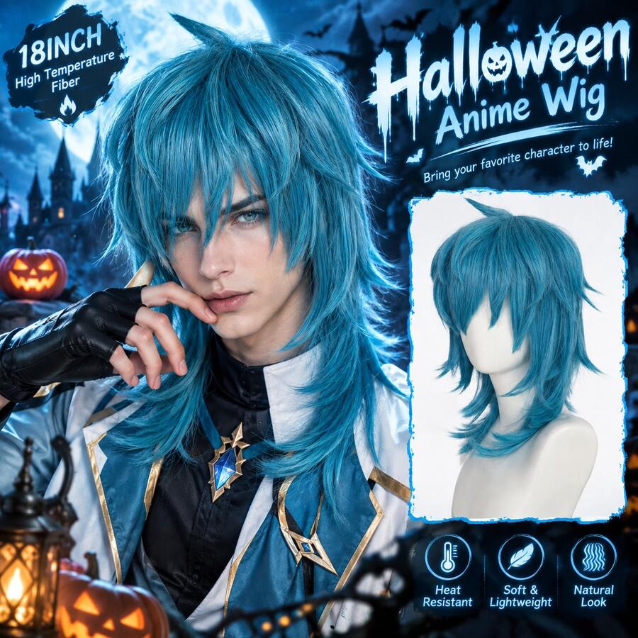 Halloween Anime Wig Blue Layered Mid-Length Wig, Heat Resistant Fiber Wig, Soft Lightweight Natural Look Wig For Cosplay, Festival Party, Halloween Event - Multicolor - View 1