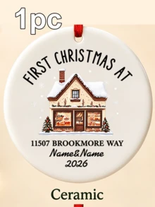Custom Round First Christmas New Home Ornament, Cozy Snowy House Address Decor, Personalized Names & 2026 Christmas Tree Decorations, Customized Text Wall Hanging For Holiday Party Supplies, Customizable Housewarming Keepsake Christmas Gift 2026 - Style D - View 10