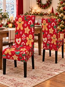 Christmas Dining Chair Cover Set, Red Gingerbread Man, Candy Cane, Cookie, Snowflake Print, For Dining Room, Kitchen, Christmas Party, Home Decor - Red - View 11