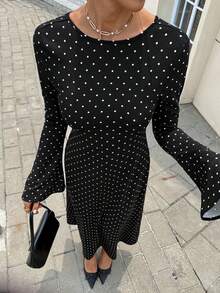 Women's Black And White Polka Dot Dress, Autumn Vintage Elegant Sexy Round Neck Flare Sleeve Backless Casual Dress, Suitable For Evening Party, Party And Other Occasions - Black - View 3