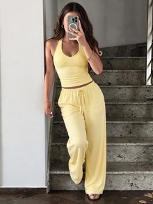 Unadoll 女款秋季奶油黃瑜伽兩件套，露背短版上衣 + 寬鬆寬腿長褲，夏季優雅 - 黃色 - 查看 9