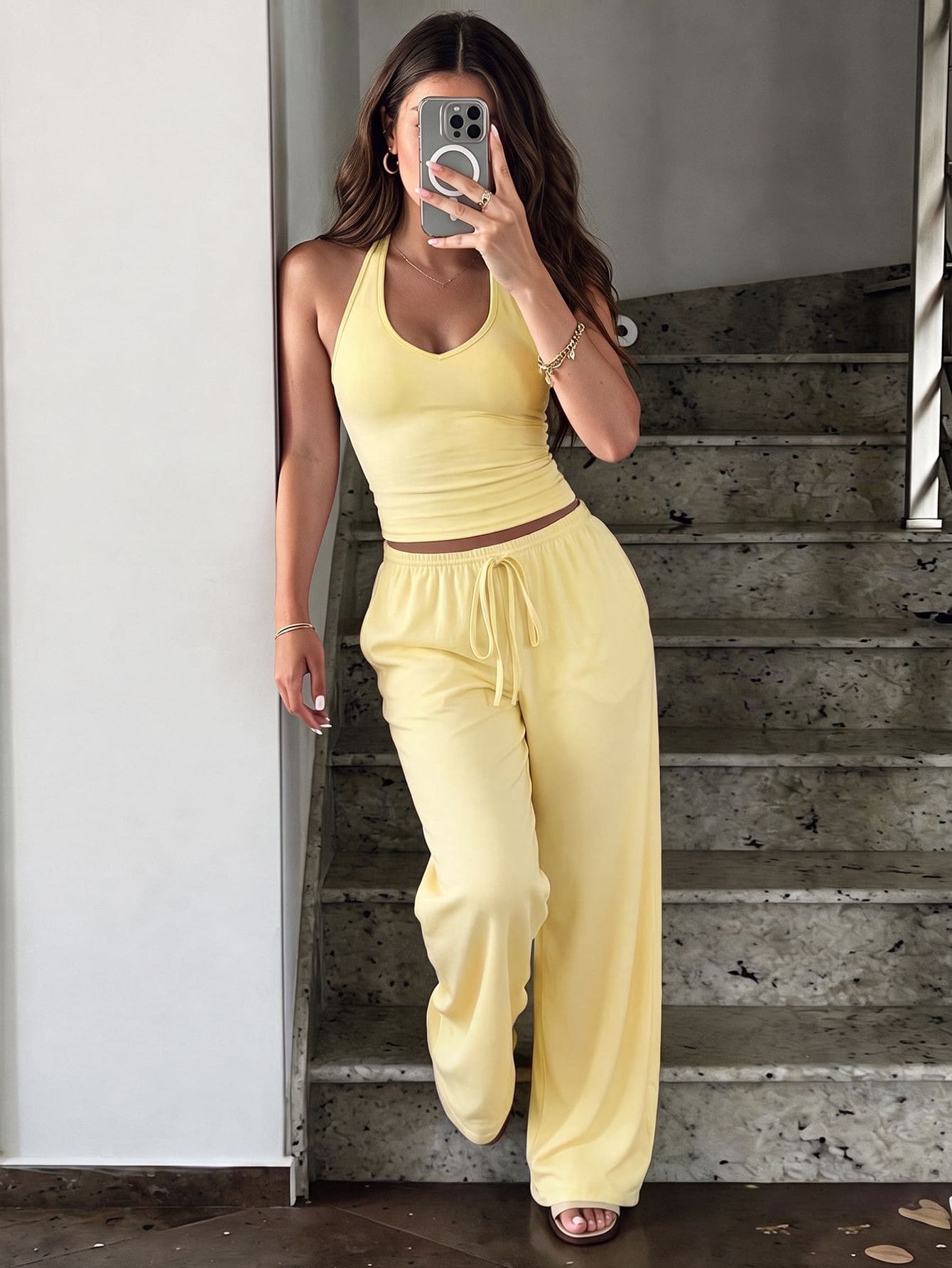 Unadoll Women's Autumn Cream Yellow Yoga 2 Pieces Set, Racerback Crop Top + Loose Wide Leg Pants Summer Elegant - Yellow - View 1