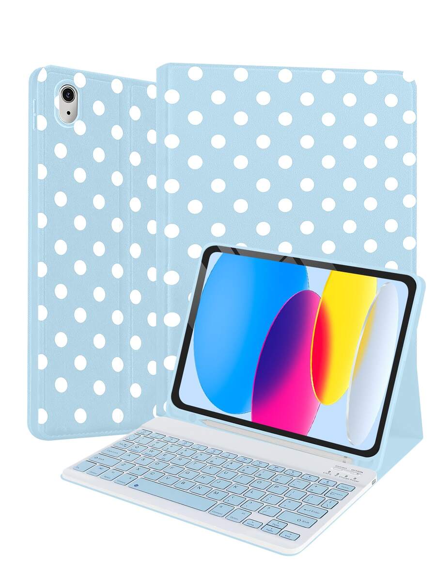 Polka Dot Pattern Keyboard Protective Case, Compatible With Samsung Galaxy Tab, RedmiPad Se, With Detachable Wireless Bluetooth Keyboard (150mAh) And Pen Slot, Unique Design - View 1