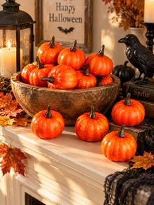 12pcs Orange Mini Pumpkin Decor, Autumn Pumpkin Decoration, Artificial Small Pumpkin Set, Thanksgiving Pumpkin Props, Harvest Season Tabletop Display, Pumpkin Table Centerpiece Decor, Autumn Home Decor, Halloween Autumn Decoration - Simulated Pumpkin Decoration J - View 12