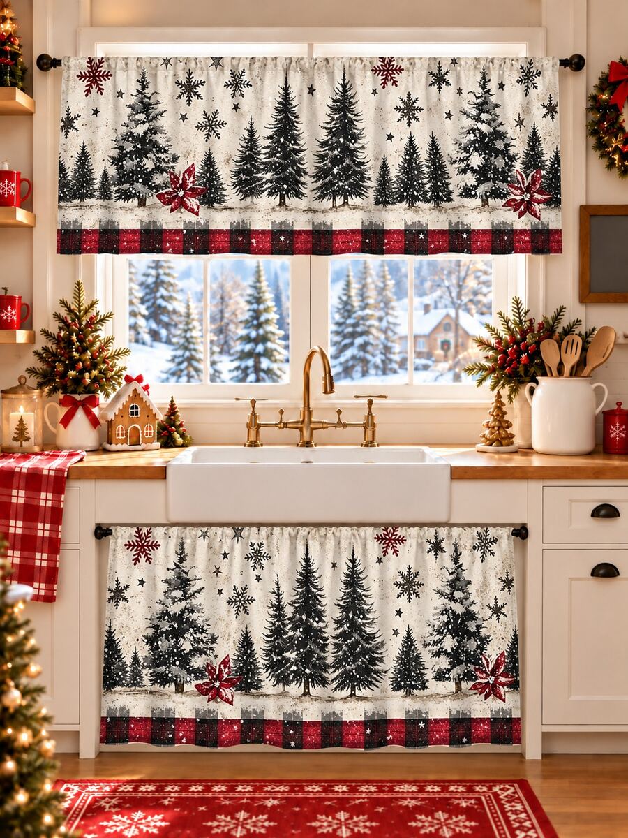 1pc Vintage Country Christmas Kitchen Curtain Set, Distressed Snowy Pine Tree & Poinsettia Snowflake Print Window Valance And Sink Curtain, Winter Kitchen Window Decor - Multicolor - View 1