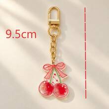 1pc/2pcs Women's Sweet Style Bow Cherry Double-Sided Embossed Acrylic Pendant Keychain, Cute Bag Charm, Gift For Friends, Bag Accessory - Multicolor - View 3