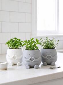 Mini Cute Expression Succulent Plant Pot, With Heart-Shaped Hand Plastic Succulent Planter, 6cm/2.4in Small Flower Pot, Suitable For Desk, Office, Shelf And Home Decor, White, Gray - A - View 5