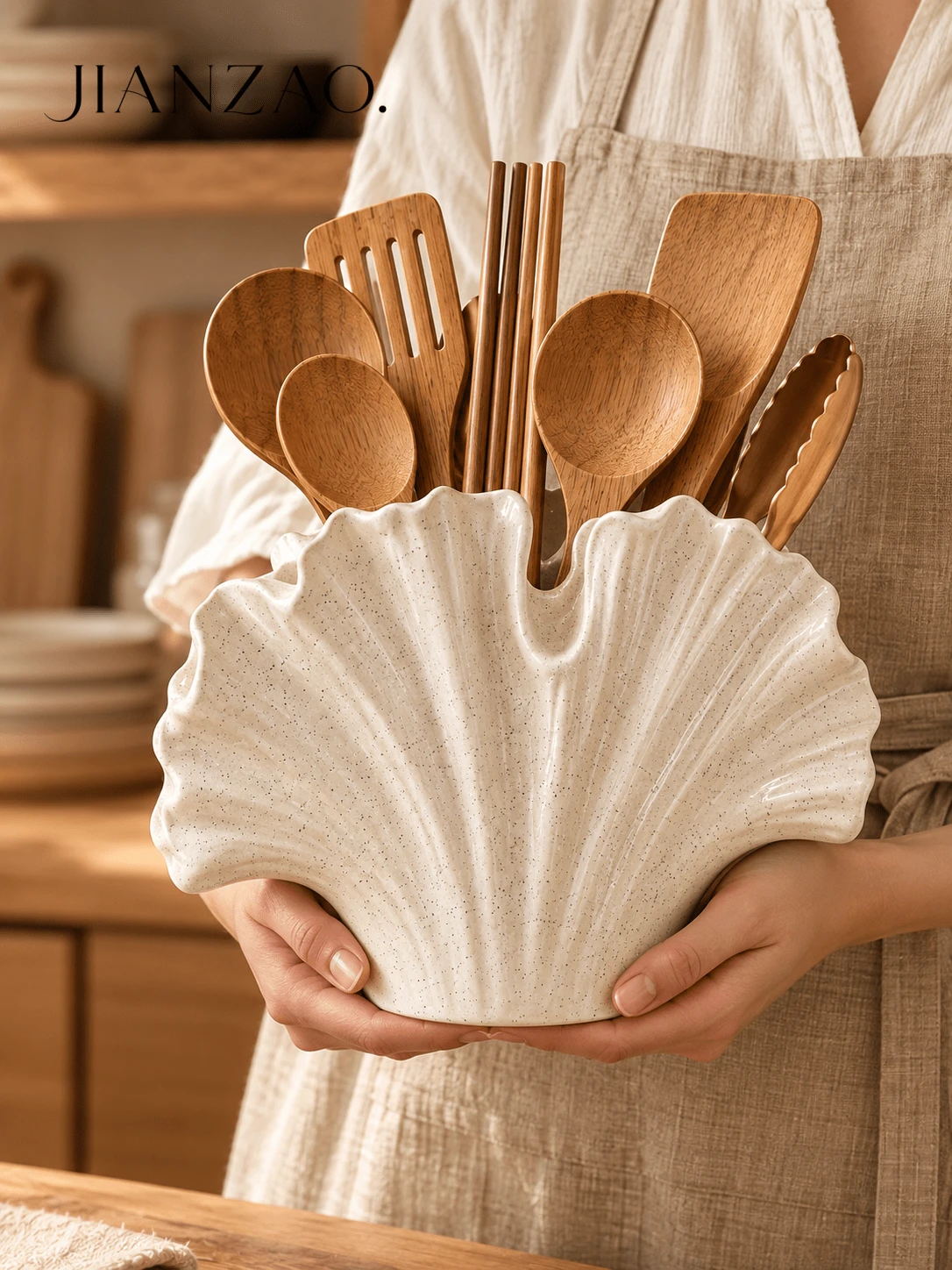 1pc Wabi-Sabi Style Ginkgo Leaf Tableware Storage Rack, Black Spotted White Multi-Compartment Utensil Holder, Large Capacity Chopsticks Spoon Fork Storage Bucket, Rustic Farmhouse Kitchen Countertop Decor Gift - Ins-style Tableware Organizer - View 1