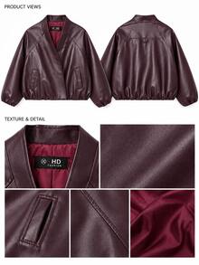 Women's Casual Burgundy Leather Look Bomber Jacket With V-Neck And Pockets - Burgundy - View 6