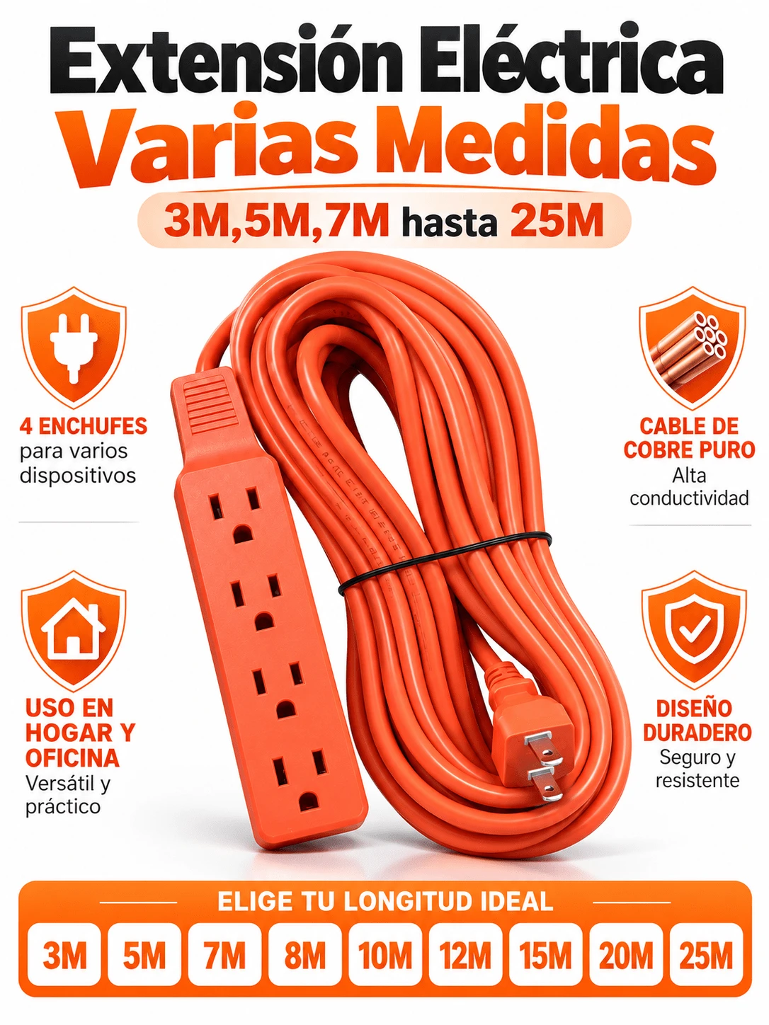 3M/5M/7M/8M/10M/12M/15M/20M/25M Heavy-Duty Extension Cable For Home Use Orange - View 1